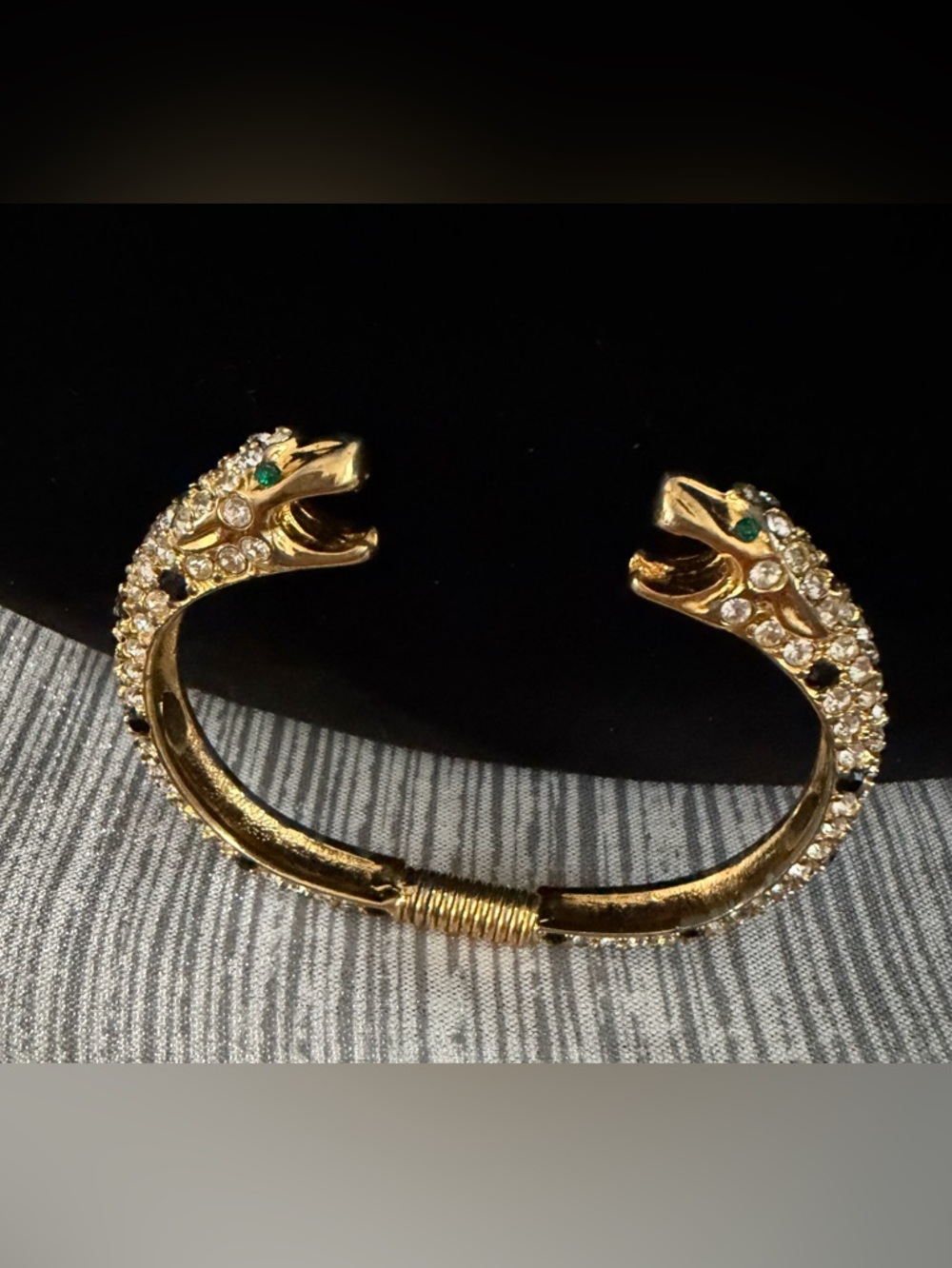 Vintage Kenneth Lane Gold Double-Headed Serpent Cuff Bracelet - Green Accent